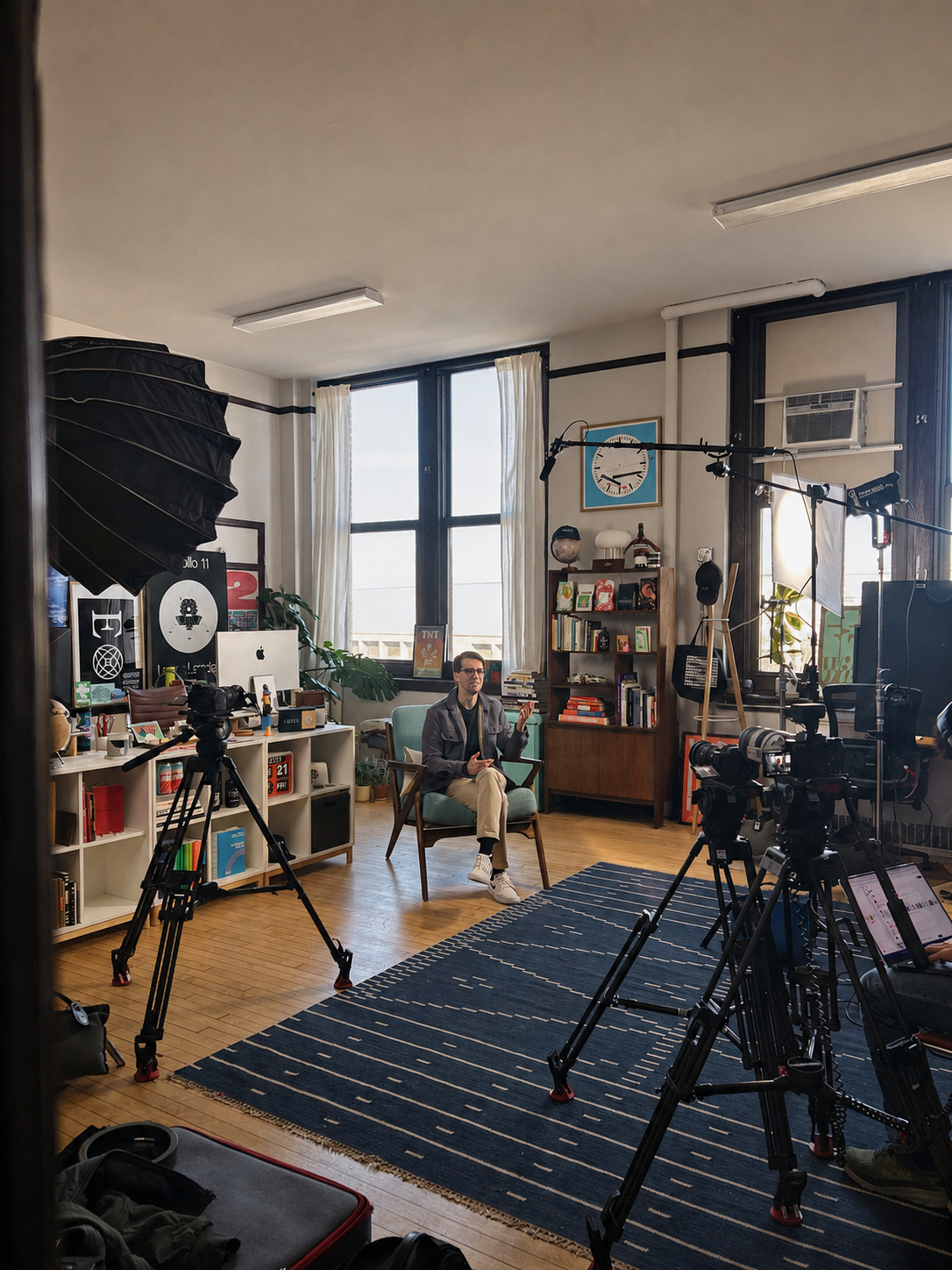 Wide interior interview production setup with cameras, lighting, sound equipment, and talent